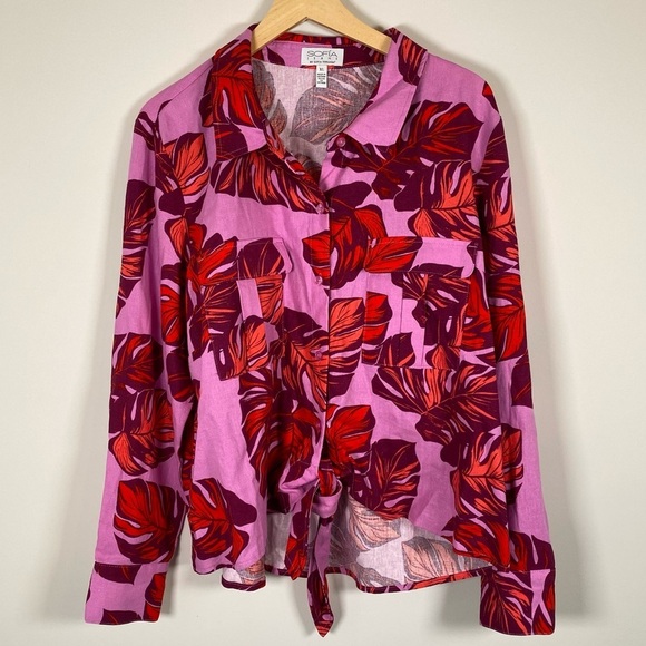 Sofia Vergara Tropical Palm Print Linen Button Down Tie Front Blouse Top XL NWT - Picture 1 of 7